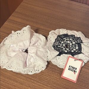 White Eyelet Lace Large Scrunchies - Set of 2